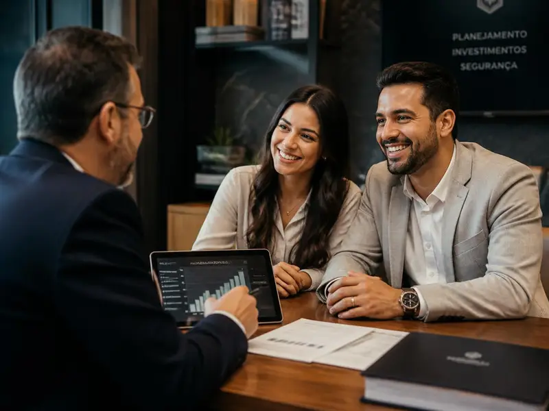 Consultor do Grupo É orientando um casal de clientes em reunião